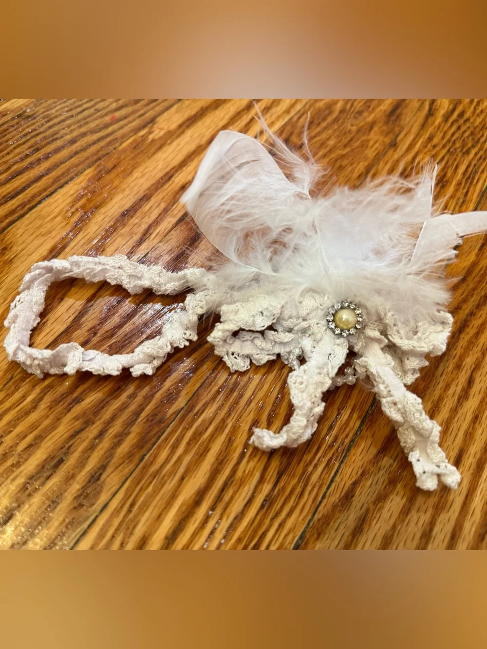 Cream Lace and Feather Kids Headband with Pearl Accent